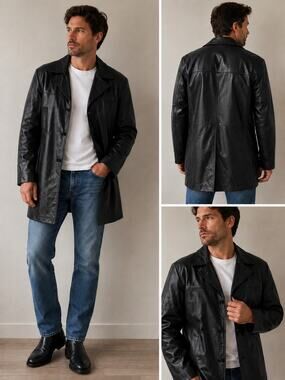 Cresco Black Genuine Leather Coat Jacket Faux Fur Lined 40L Vintage 70s Overcoat